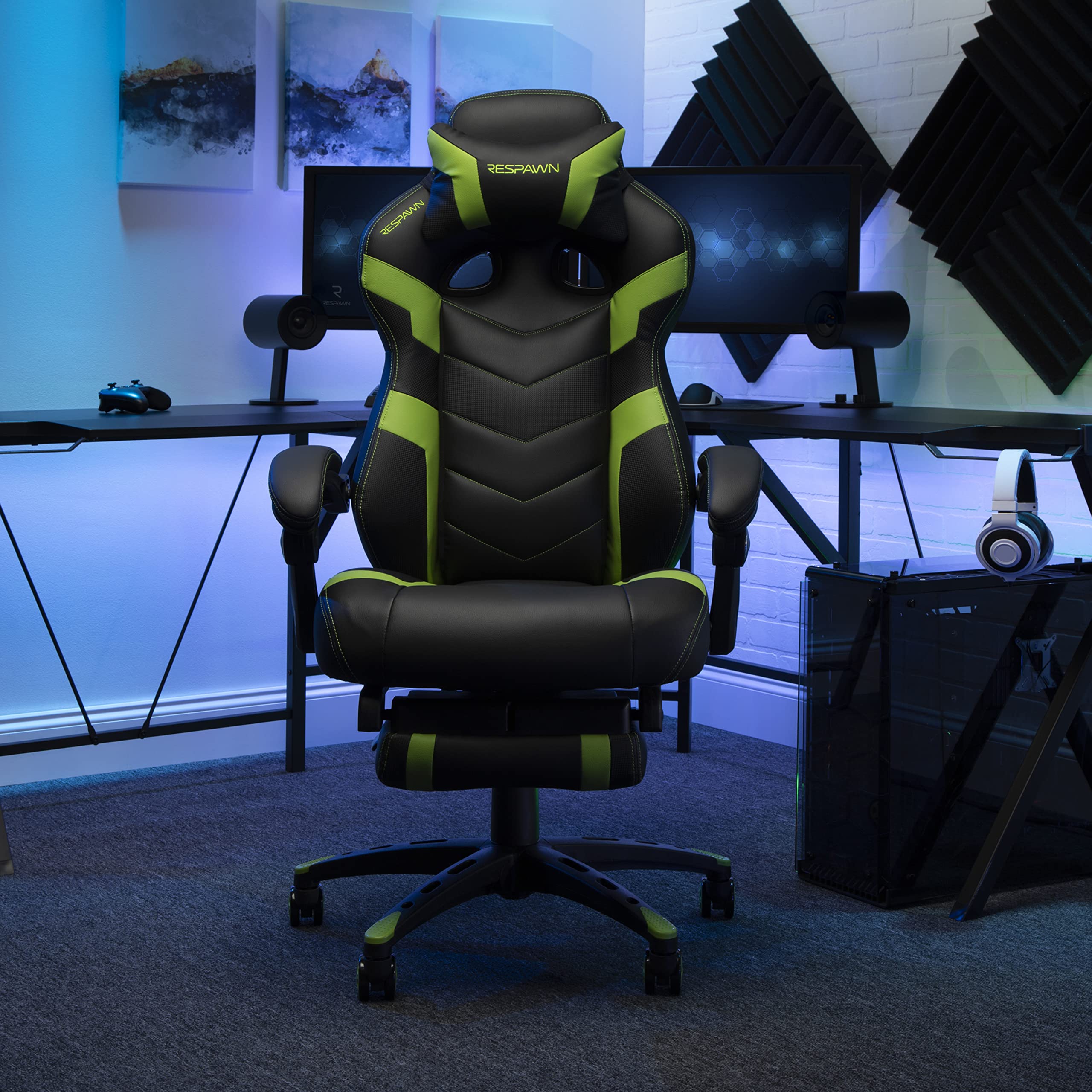 RESPAWN 110 Ergonomic Gaming Chair with Footrest Recliner - Racing Style High Back Office Chair for PC & Desk - 360° Swivel, Adjustable Lumbar Support & Headrest - Padded Armrests - Green (2021 Model) - Perfect for Gaming, Streaming & Home Office Workspace