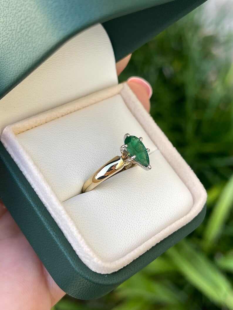 1.06 Carat Natural Brazilian Emerald Pear Cut Solitaire Ring - 14K Gold Six Prong Setting for Engagement, Wedding & Anniversary Gifts