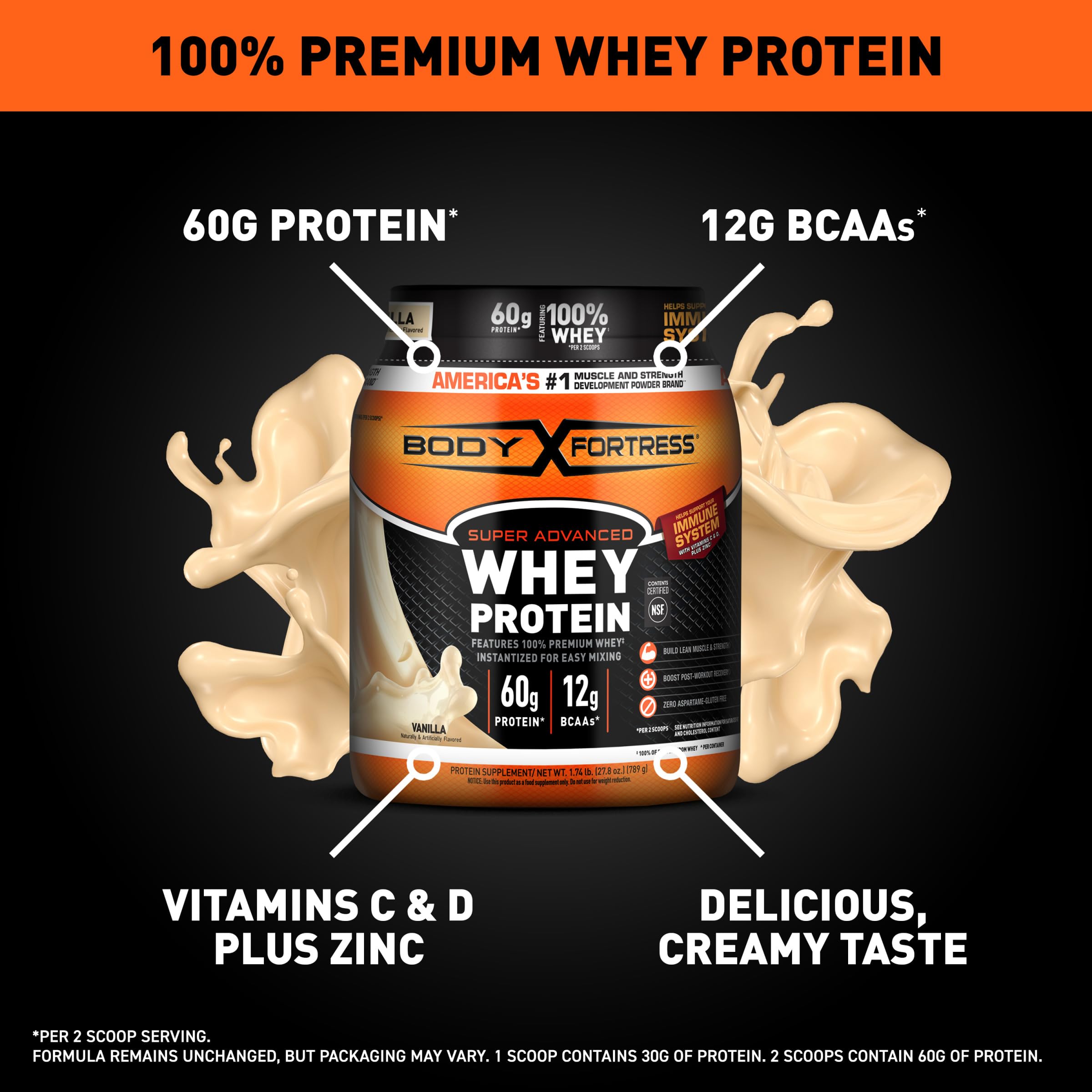 Body Fortress Super Advanced Whey Protein Powder - Vanilla Flavor, 1.74 lbs with Vitamins C, D & Zinc for Immune Support | Post-Workout Recovery & Muscle Building Supplement