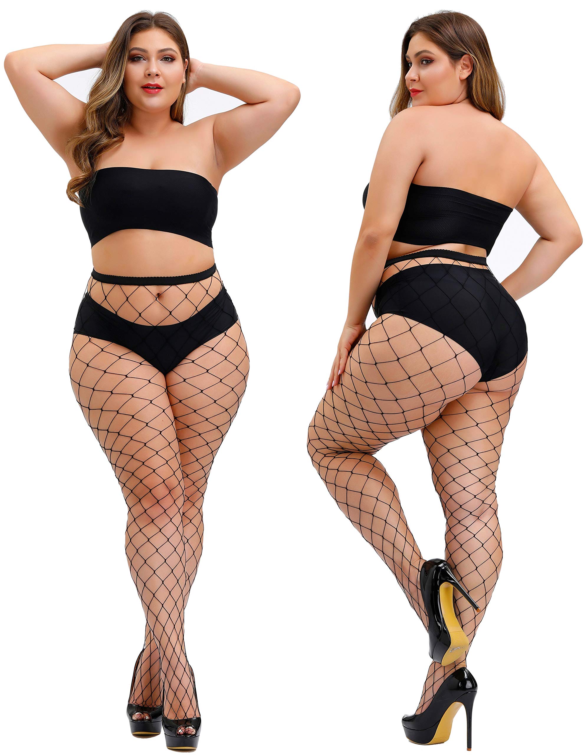 TGD Women's Fishnet Stockings - Sexy Thigh High Tights Pantyhose, Plus Size, 2 Pairs - Perfect for Halloween, Cosplay, and Night Out Outfits
