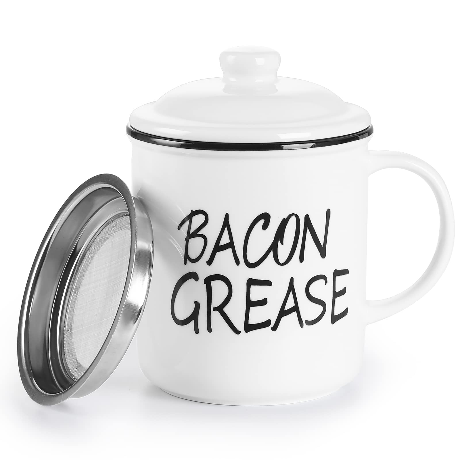 Premium Ceramic Bacon Grease Keeper with Built-in Strainer - White - Perfect for Kitchen Storage & Cooking Oil Recycling