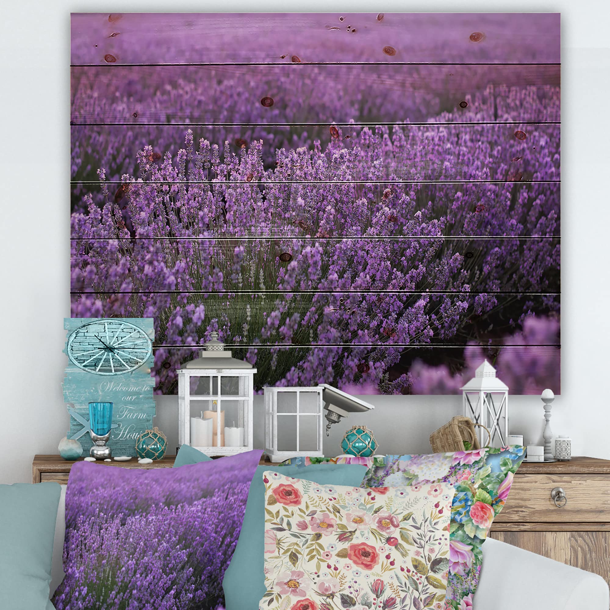 Blooming Purple Lavender Field Farmhouse Wood Wall Art - Large Landscape Pine Wood Panel Decor for Living Room, Bedroom & Office