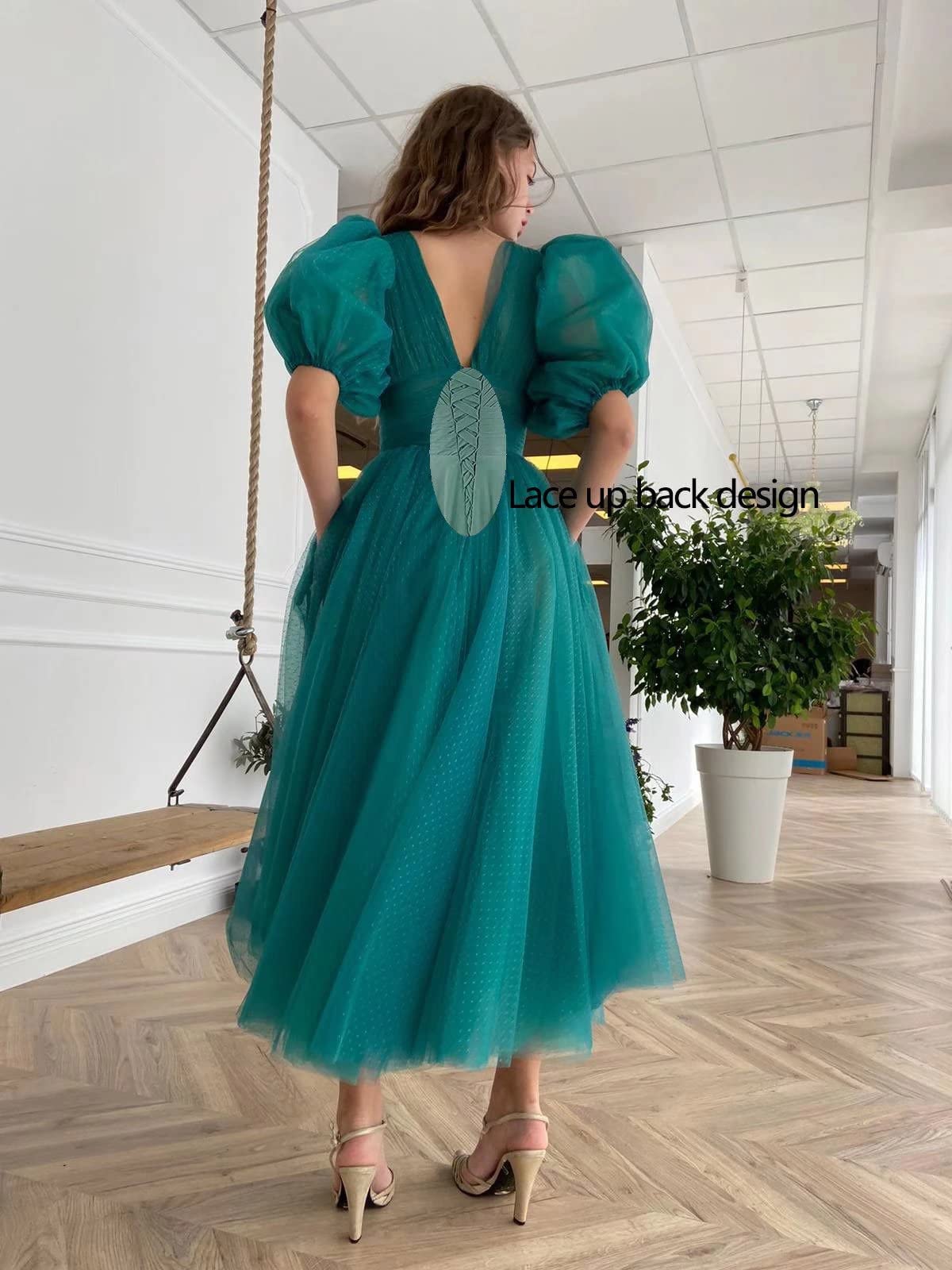 Elegant Royal Blue Puffy Sleeve Prom Dress for Women | Tea-Length A-Line Formal Evening Gown | Plus Size Wedding Ball Gown for Bride | Perfect for Prom, Homecoming, Quinceanera & Special Occasions