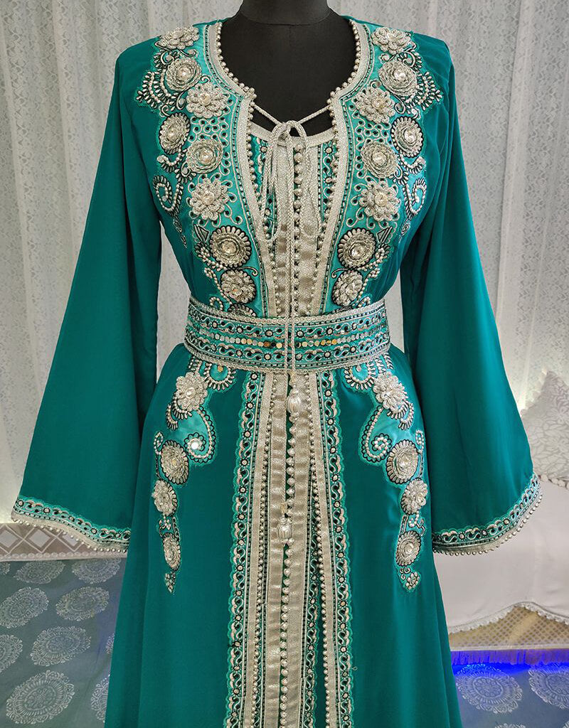 Elegant Arabic Sea Green Georgette Kaftan with Hand Embroidery - Front Open Style for Women | Perfect for Beach Cover-Up, Boho Festival, or Summer Evening Wear