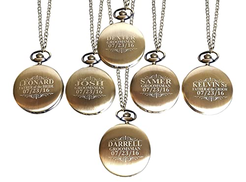 Vintage Pocket Watch Set for Groomsmen - 6 Pcs, Engraved with Chain & Box - Perfect for Weddings & Gifts