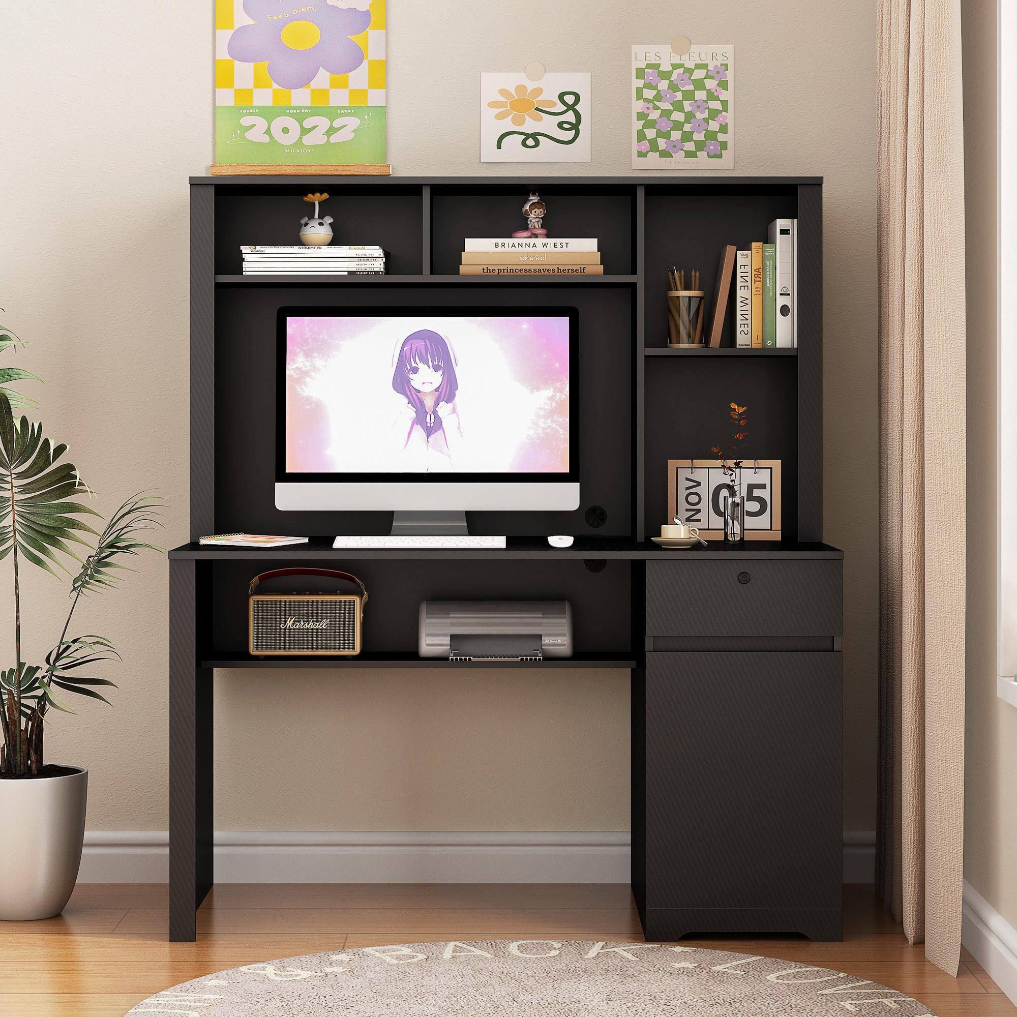 Wooden Computer Desk with Hutch & Bookshelf - Home Office Desk with Drawers, 3 AC Outlets & 2 USB Ports - Executive Desk for Teens, Students & Professionals - Perfect for Study, Work & Remote Learning (Black)