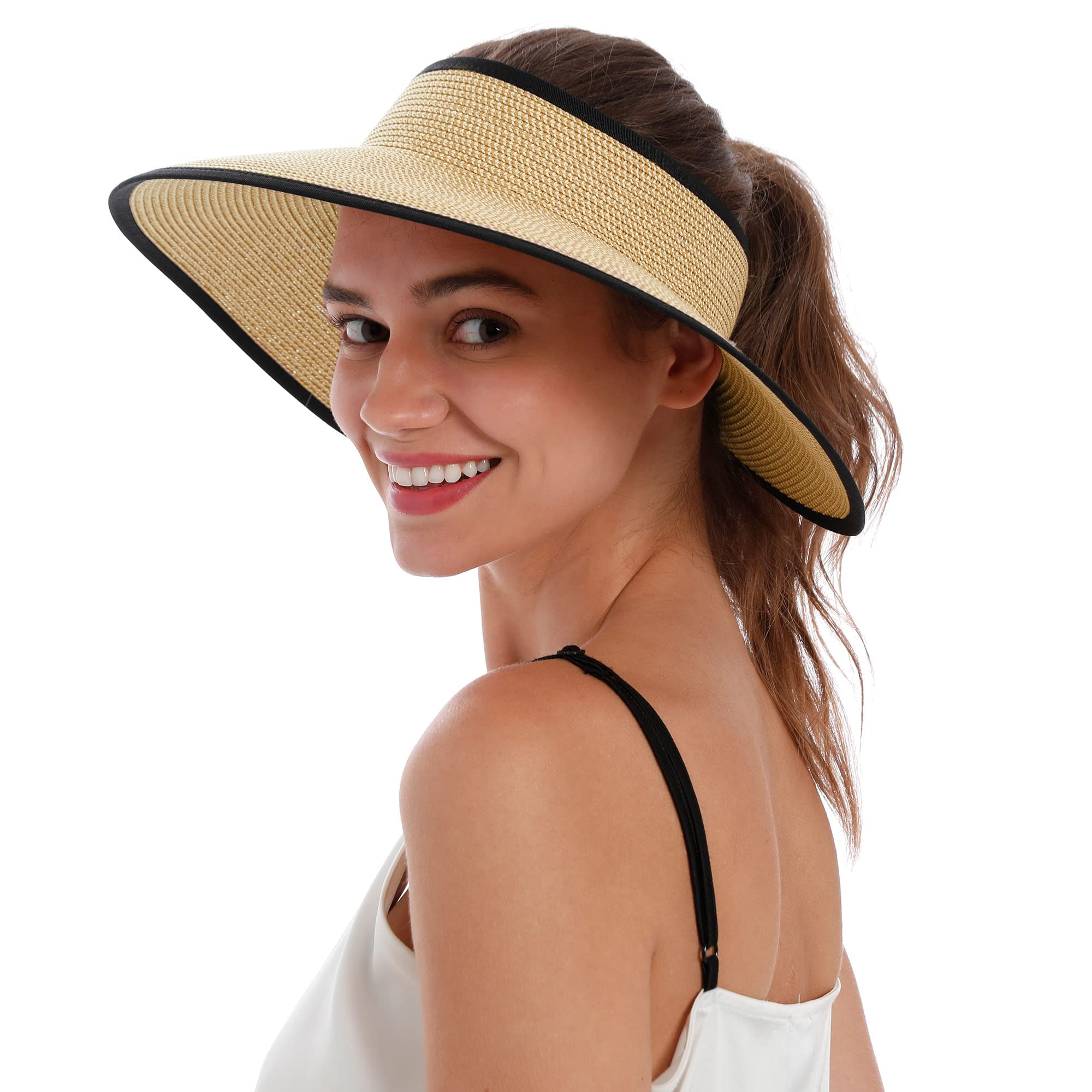 Women's Foldable Wide Brim Straw Sun Hat - UPF 50+ Summer Beach Hat for Women, Packable Travel Sun Visor for Outdoor, Vacation, Pool Party and Gardening