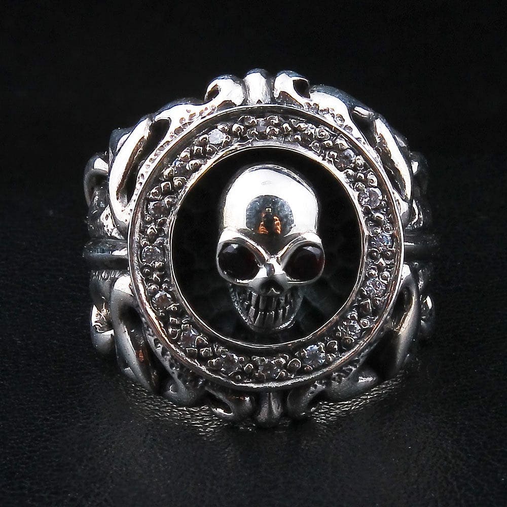 Tribal Garnet Skull Sterling Silver Gothic Ring for Men & Women - Dark Bohemian Jewelry for Punk Rock, Halloween, Goth Fashion & Alternative Style