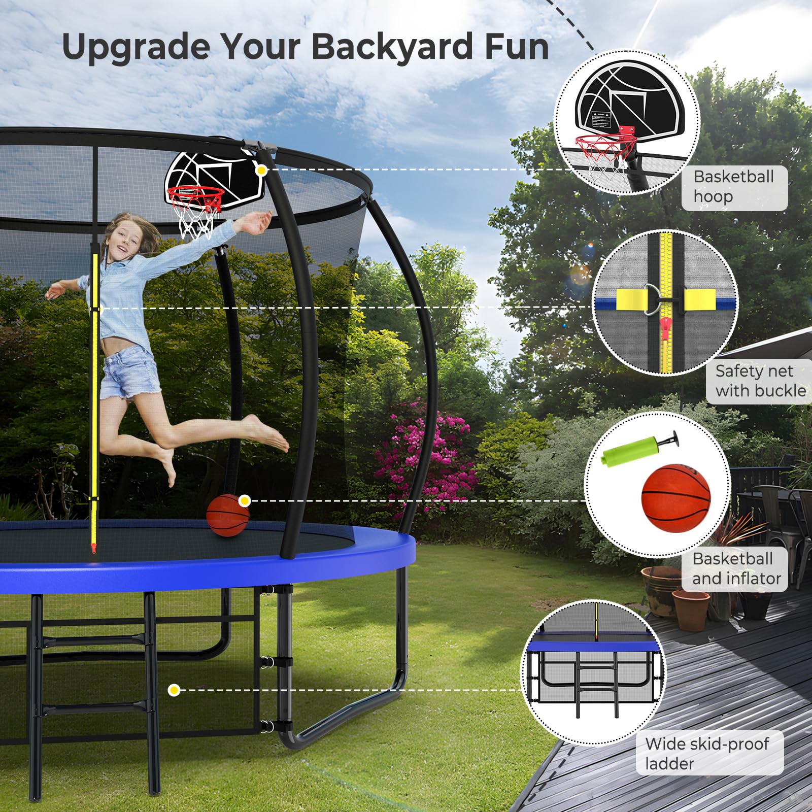 10FT-16FT Large Outdoor Trampoline with Basketball Hoop & LED Lights - Heavy Duty Jumping Mat for Kids & Adults - Water Sprinkler & Anchor Stakes Included - Perfect for Backyard Fun, Exercise & Family Bonding