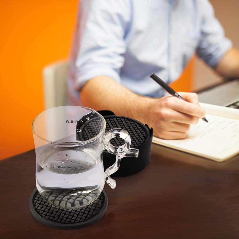ME.FAN 6-Pack Thickened Silicone Coasters with Holder - Non-Slip, Non-Stick Cup Mats for Drinks - Deep Tray Design Protects Furniture & Tabletops (Deep Purple) - Perfect for Coffee Tables, Dining Tables, and Office Desks