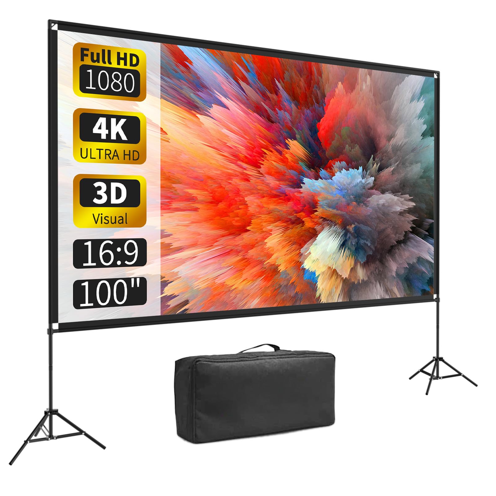 100 Inch 16:9 4K HD Portable Projector Screen with Stand - Foldable Wrinkle-Free Indoor/Outdoor Movie Screen for Home Theater, Backyard, and Parties | 160° Viewing Angle | Front & Rear Projection | Includes Carry Bag