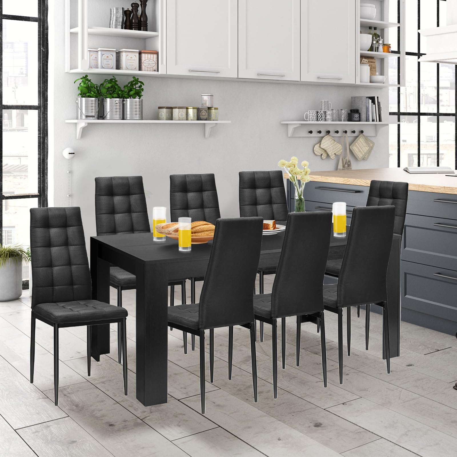 Giantex 9-Piece Modern Dining Table Set with Wood Rectangular Table & 8 Upholstered Chairs - Black Kitchen & Dining Room Furniture for Family Gatherings, Dinner Parties & Daily Meals