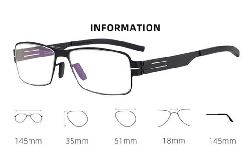 Black Unisex Full Rim Square Screwless Steel Eyeglasses Frame 4294 - Stylish & Durable for Work, Reading & Everyday Wear