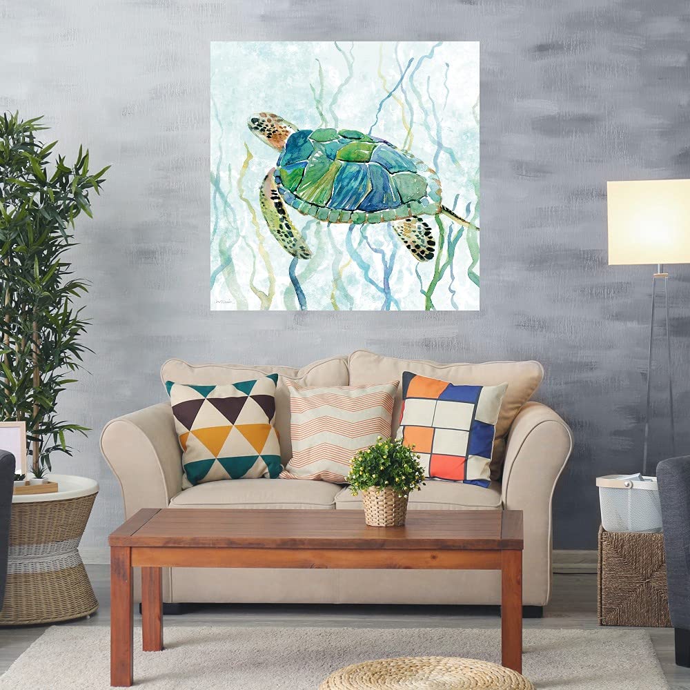Sea Turtle Swim II Canvas Wall Art Print by Carol Robinson - 22x22 Inch Ready to Hang Ocean Themed Decor for Living Room, Bedroom, Bathroom & Office - Perfect for Beach House, Coastal Style or Nature Lover's Home