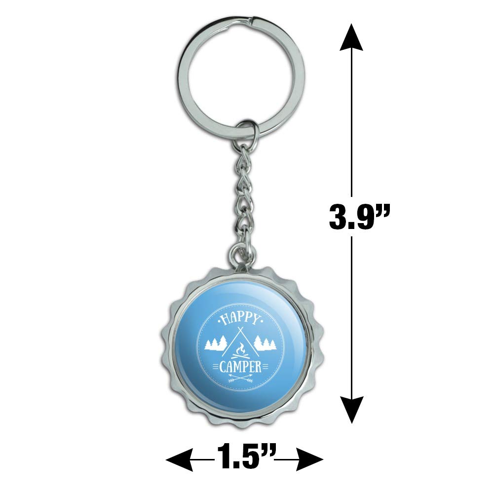 Happy Camper Campfire Keychain - Chrome Plated Metal Bottle Opener with Pop Top - Perfect for Camping, Hiking, Outdoor Adventures & Gifts