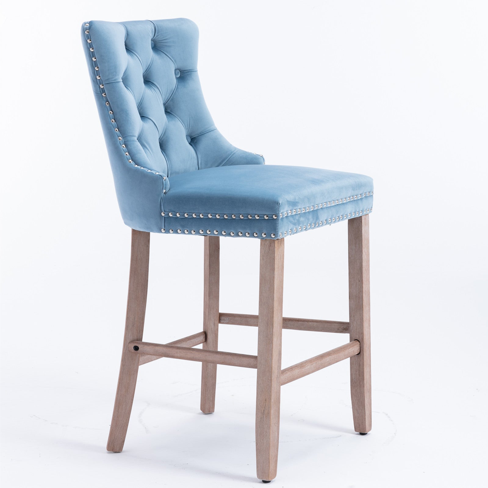 Modern Velvet Bar Stools with Button Tufted Back & Wooden Legs - Set of 2 Light Blue Bar Chairs with Chrome Nailhead Trim for Kitchen Island, Breakfast Bar & Home Decor (SW2002LB)
