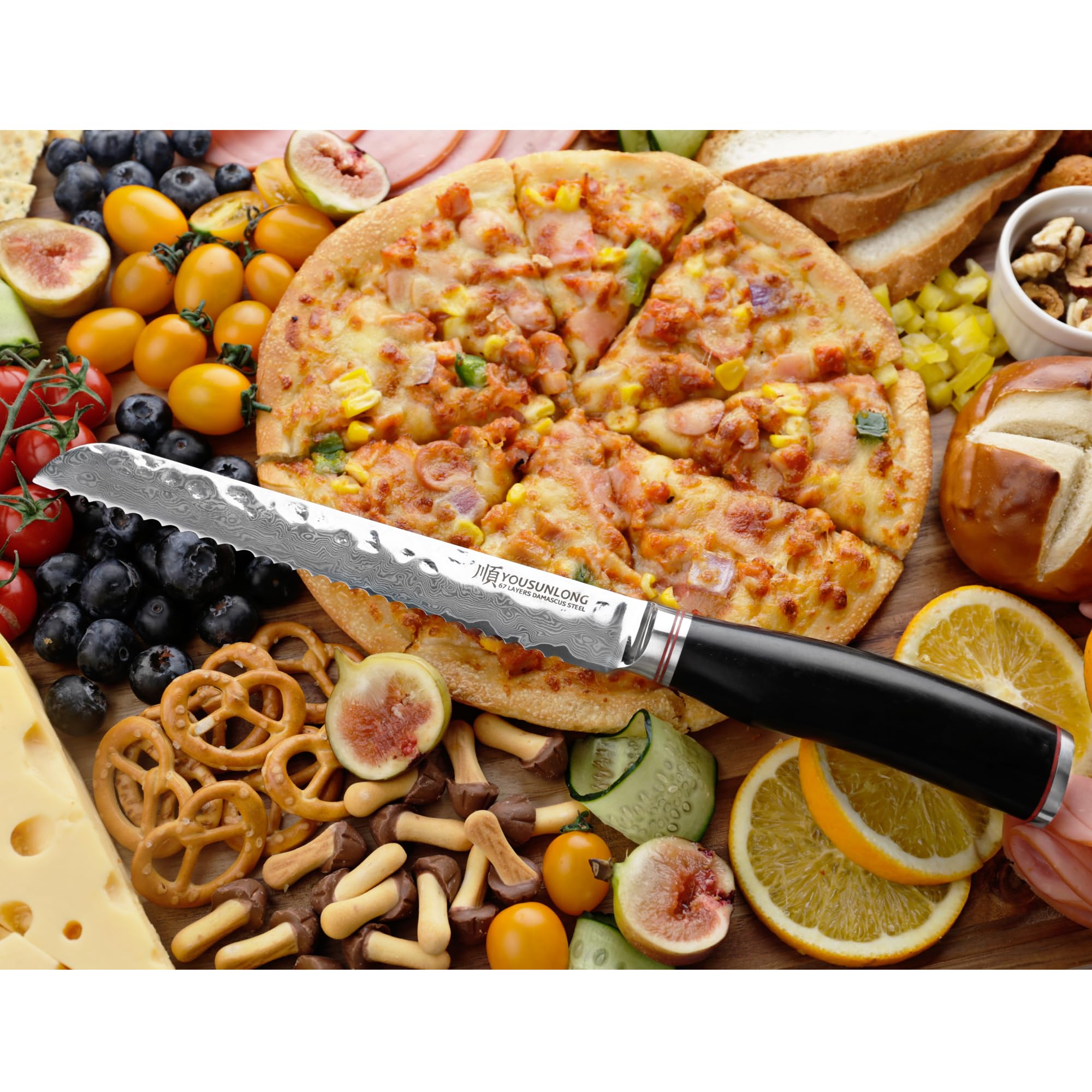 YOUSUNLONG 8-Inch Serrated Bread Knife - Premium Japanese Hammered Damascus Steel - Natural Ebony Wood Handle - Perfect for Slicing Bread, Bagels, Cakes and Deli Meats - Ideal for Home Kitchens, Bakeries and Restaurants