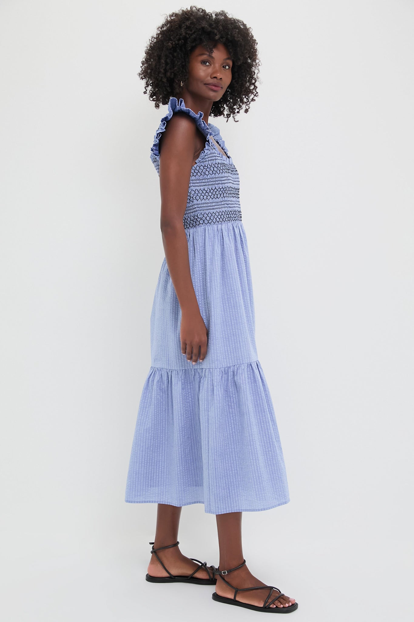 Blue Seersucker Smocked Maxine Dress for Women - Summer Casual & Beach Wear - Perfect for Outdoor Parties, Vacations and Date Nights