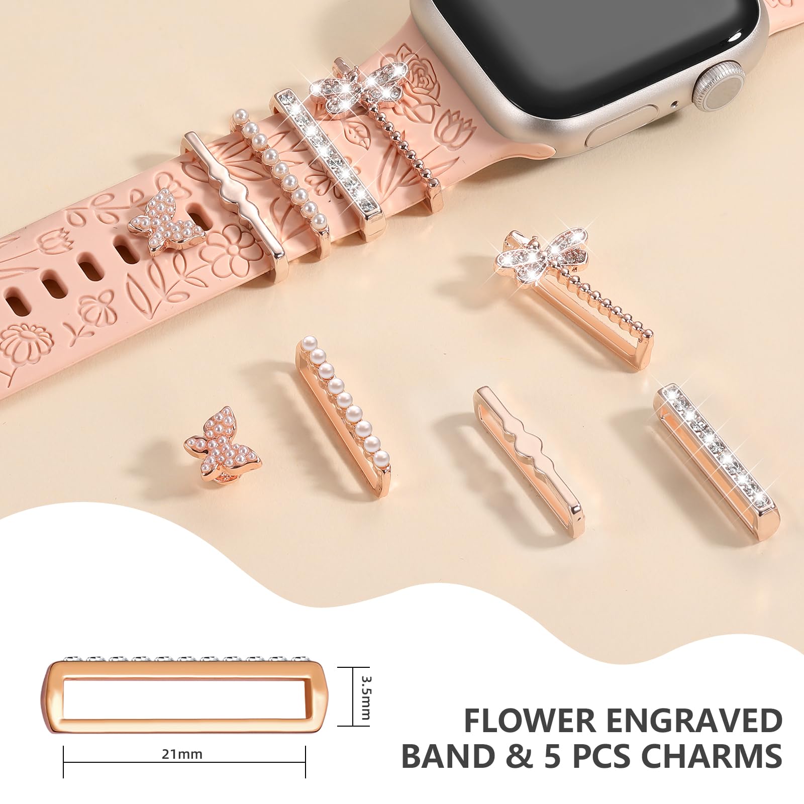 DaQin Floral Engraved Silicone Band Compatible with Apple Watch 38mm 40mm 41mm 42mm 44mm 45mm - Women's Fashion Strap with Charms for iWatch Series SE/1/2/3/4/5/6/7/8/9 - Perfect for Workouts, Office & Casual Wear