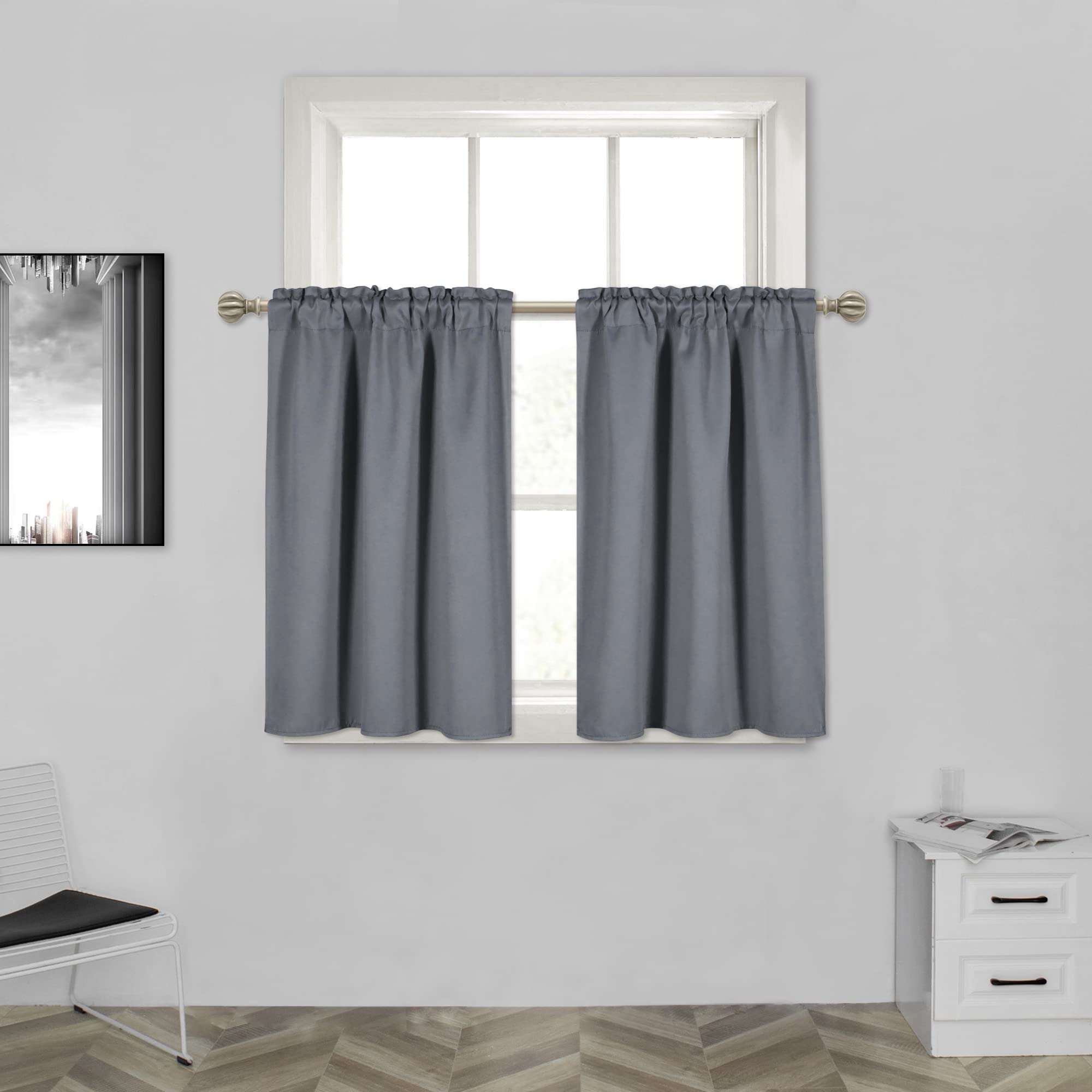 MUMFAS 45 Inch Blackout Thermal Insulated Curtains - Medium Gray Window Panels (Set of 2) for Small & Narrow Windows - 29