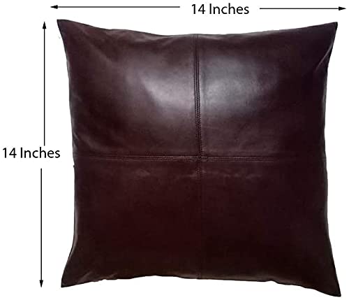 Premium Lambskin Leather Pillow Cover Set of 2 - 14x14 Inch Sofa Cushion Case - Dark Brown Decorative Throw Covers for Living Room, Bedroom & Office - Soft Luxury Home Decor Accent Pillows for Couches, Chairs and Beds