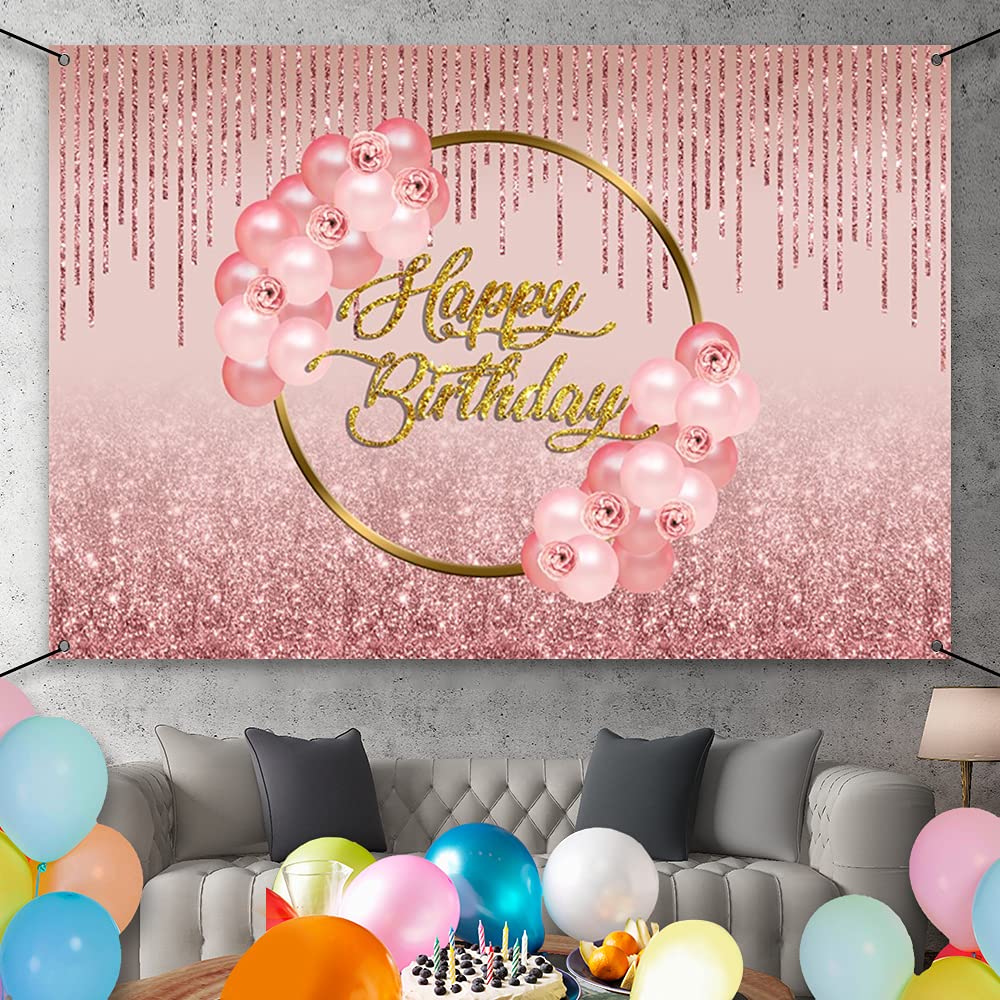 Rose Gold Glitter Birthday Banner - 6x3.6ft Polyester Happy Birthday Backdrop for Women's Party Decor, Rose Gold Sign Poster for Birthday Celebrations | Perfect for Birthday Parties, Baby Showers & Anniversary Decorations