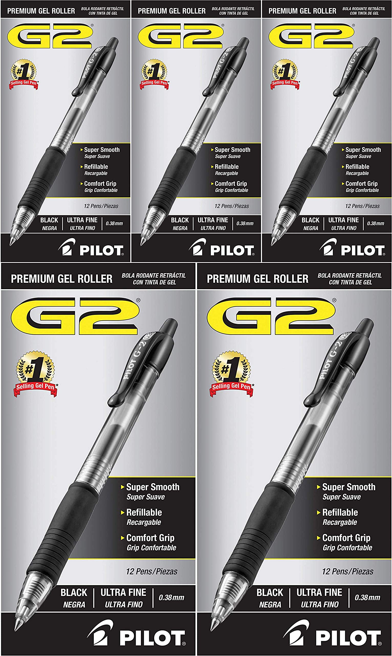 Pilot G2 Premium Refillable Retractable Gel Pens - 0.38mm Ultra Fine Point Black Ink (31277) - 5 Pack of 12 Pens for Office, School, Note Taking & Gift Giving