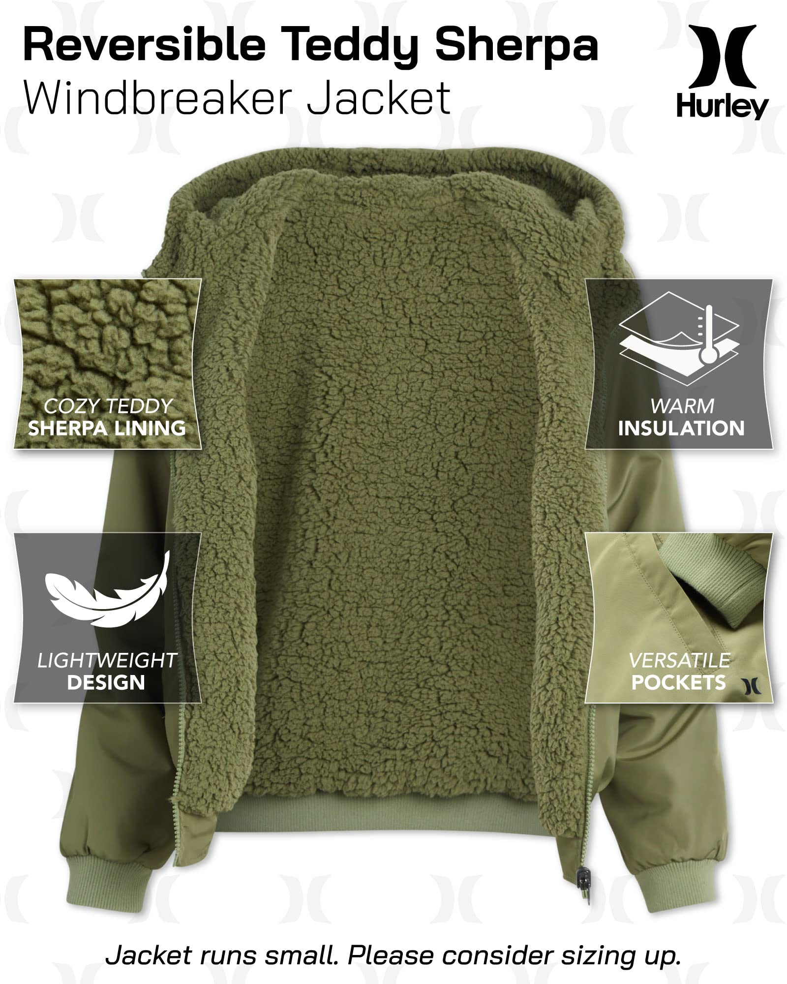 Hurley Women's Reversible Teddy Sherpa Bomber Jacket - Lightweight Windbreaker Coat for Women (S-XL) | Cozy Winter Outerwear for Casual Wear & Outdoor Activities