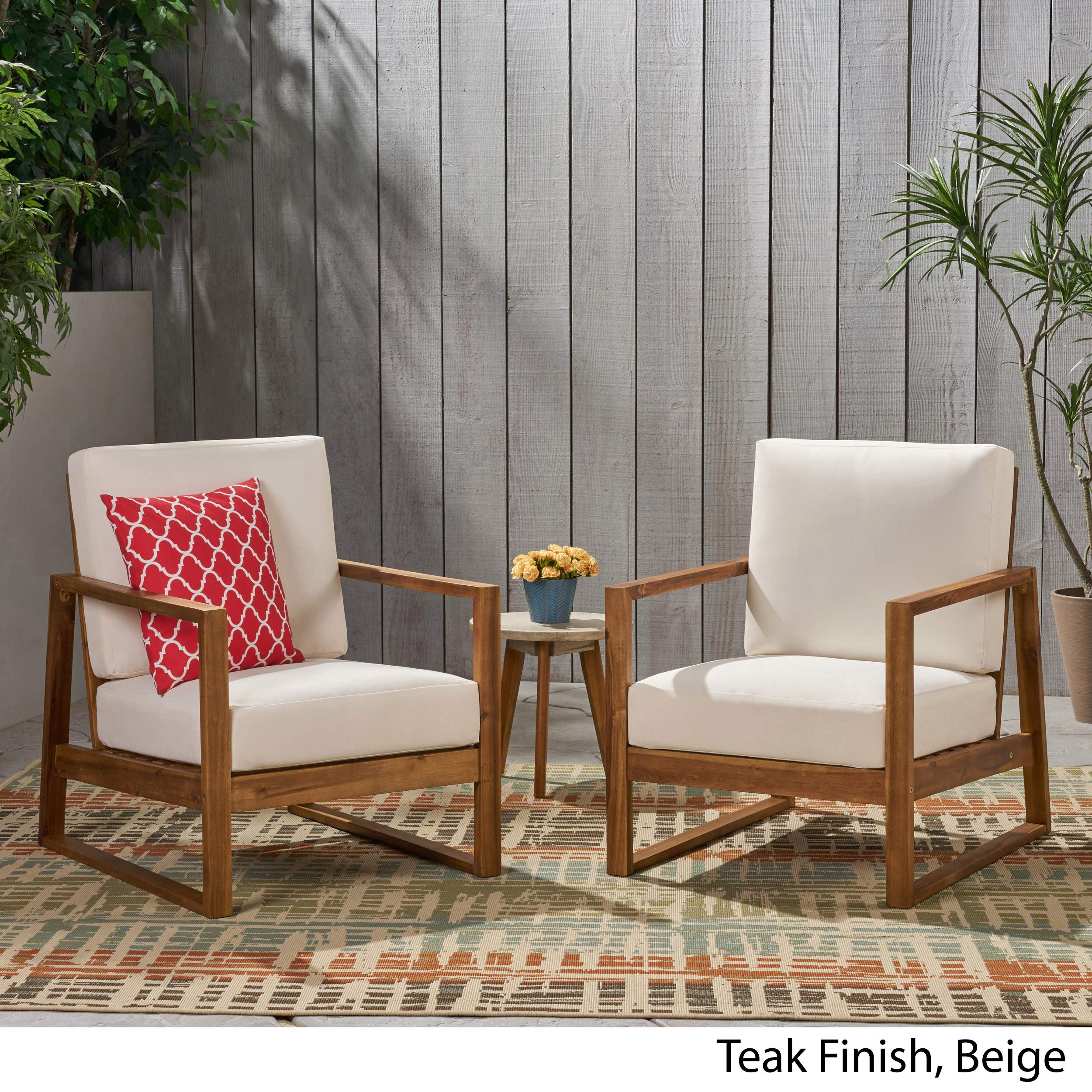 Premium Acacia Wood Outdoor Club Chairs with Cushions (Set of 2) - Weather-Resistant Beige Patio Furniture for Garden, Poolside & Backyard Relaxation