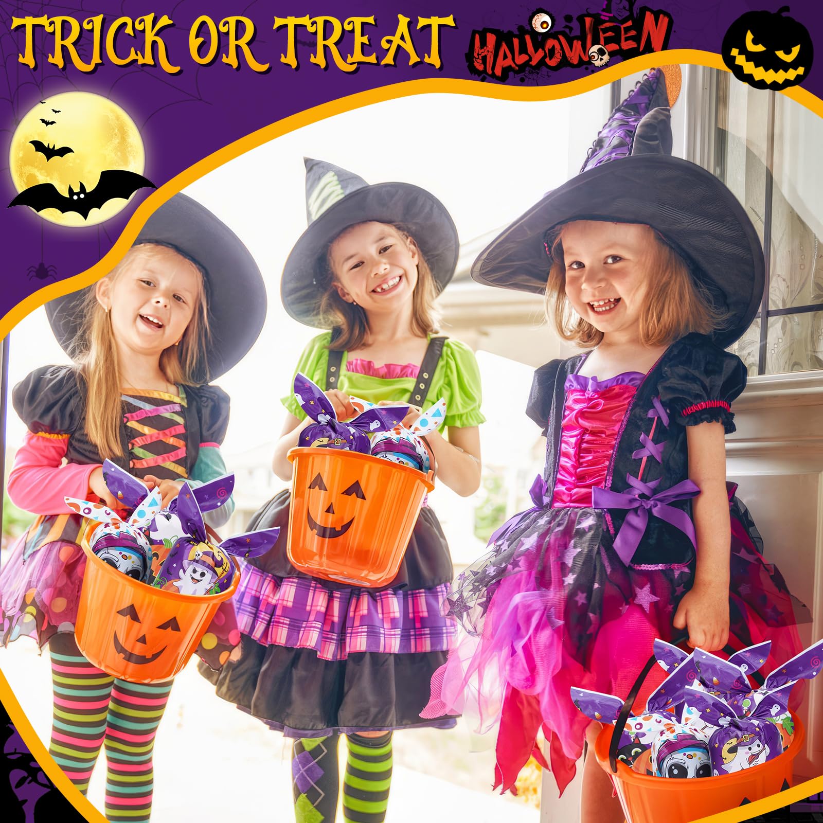 WANKODA Halloween Candy Bags - 100PCS Trick or Treat Goodie Bags with Cute Rabbit Ears, Skull & Pumpkin Designs - Perfect for Halloween Parties, School Events & Neighborhood Trick-or-Treating