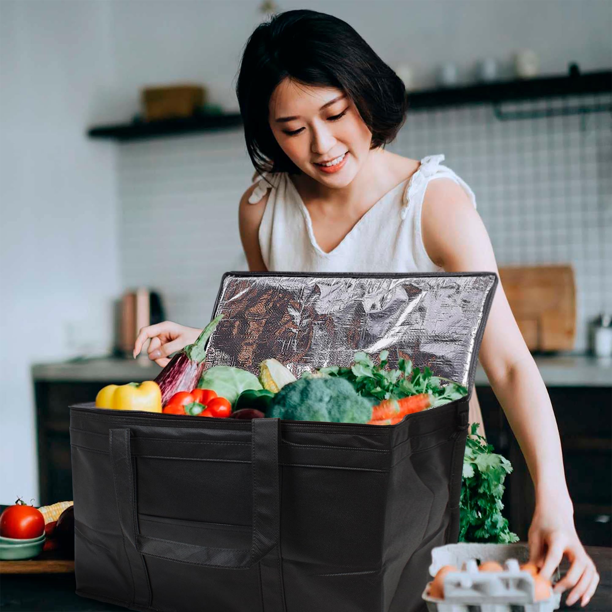 Black Insulated Food Delivery Bag with Zipper Top - Thermal Grocery & Catering Tote for Takeout, Meal Prep & Picnics | Perfect for Uber Eats, DoorDash & Restaurant Deliveries