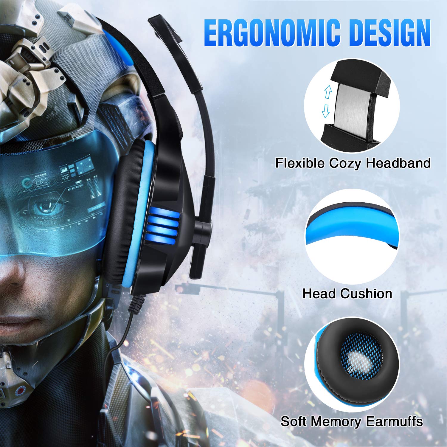 Micolindun Gaming Headset with Noise Cancelling Mic - Compatible with Xbox One, PS4, PS5, PC, Smartphones & Tablets | LED Light, Stereo Bass Surround, Soft Memory Earmuffs | Perfect for Online Gaming, Streaming & Conference Calls
