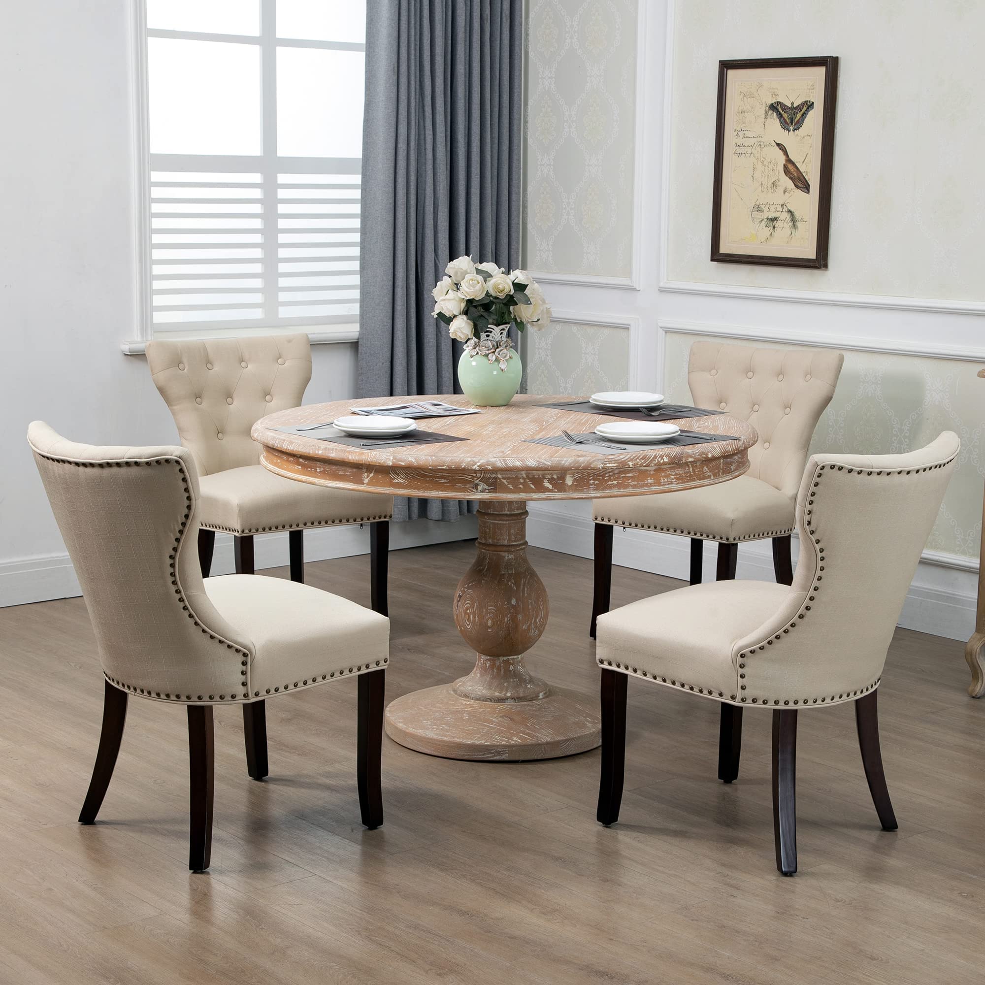 DAGONHIL Fabric Dining Chairs Set of 2 - Tufted Upholstered Solid Wood Accent Chairs with Nail Heads & Buttons for Dining Room & Living Room - Beige - Perfect for Home, Office, and Restaurant Decor
