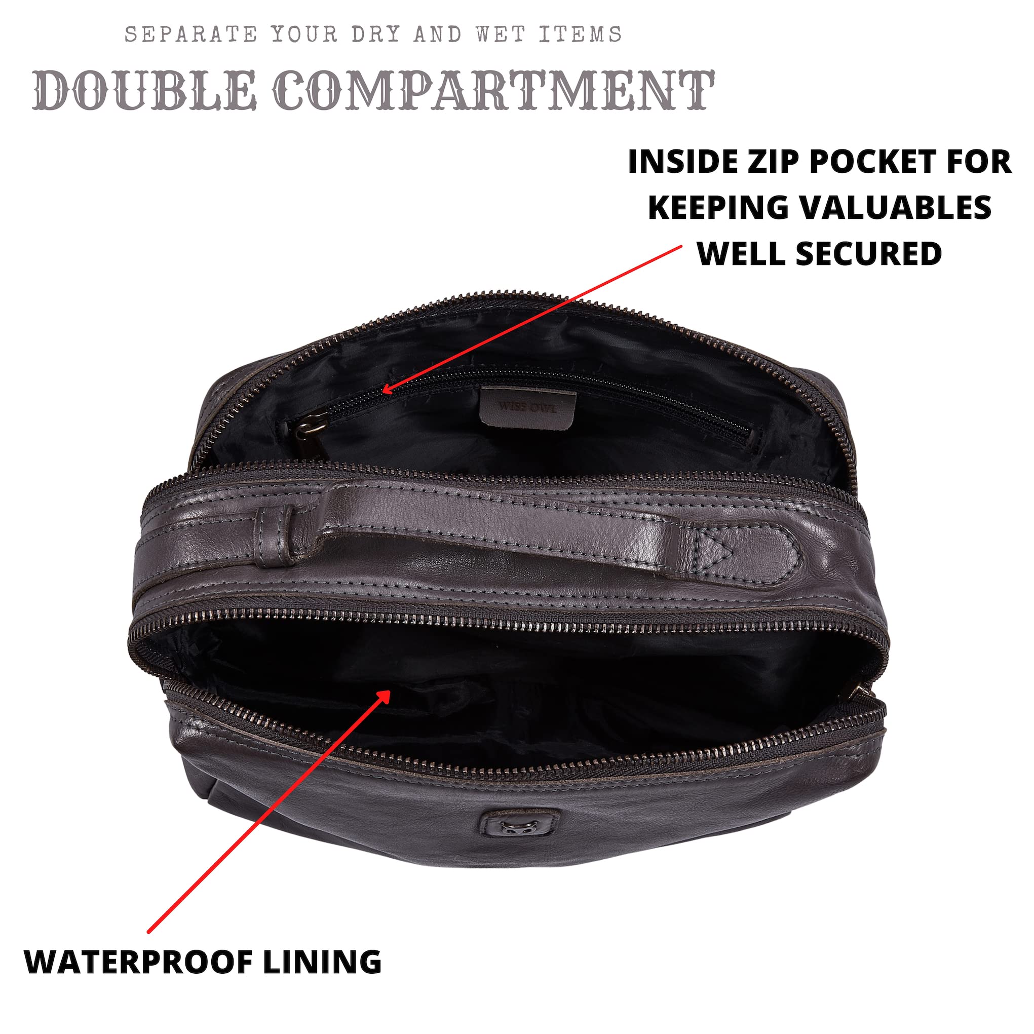Premium Genuine Leather Toiletry Bag for Men & Women - Double Compartment Travel Shaving Pouch & Cosmetic Organizer | Ideal for Business Trips, Vacations & Gym Essentials (Wise Owl Accessories)