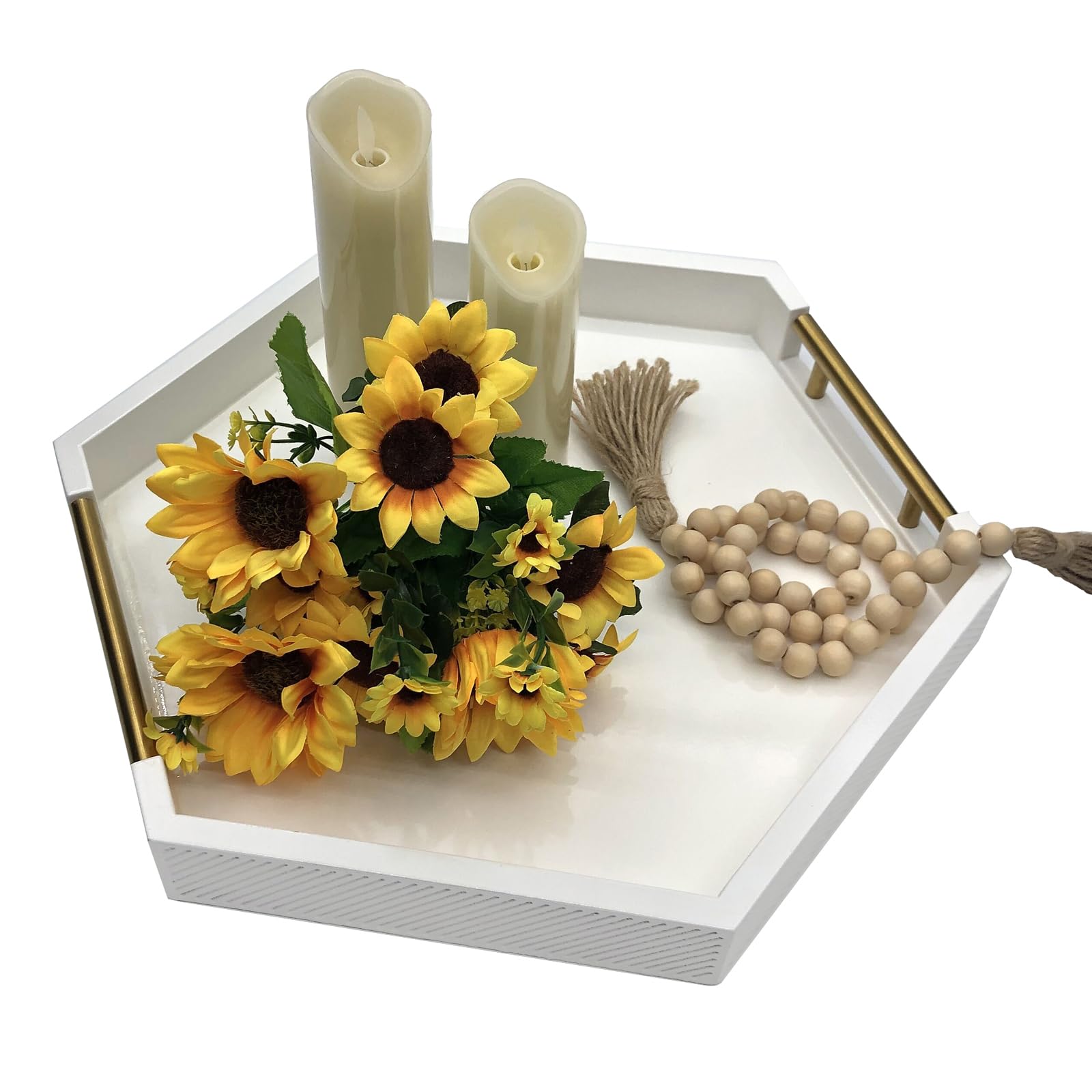 Hexagon Serving Tray with Polished Metal Handles - Modern Rectangle Coffee Table Tray for Living Room - Large Ottoman Storage Tray for Home Decor, Display & Organization (White) - Perfect for Coffee Tables, Sofa Trays & Bedside Organization