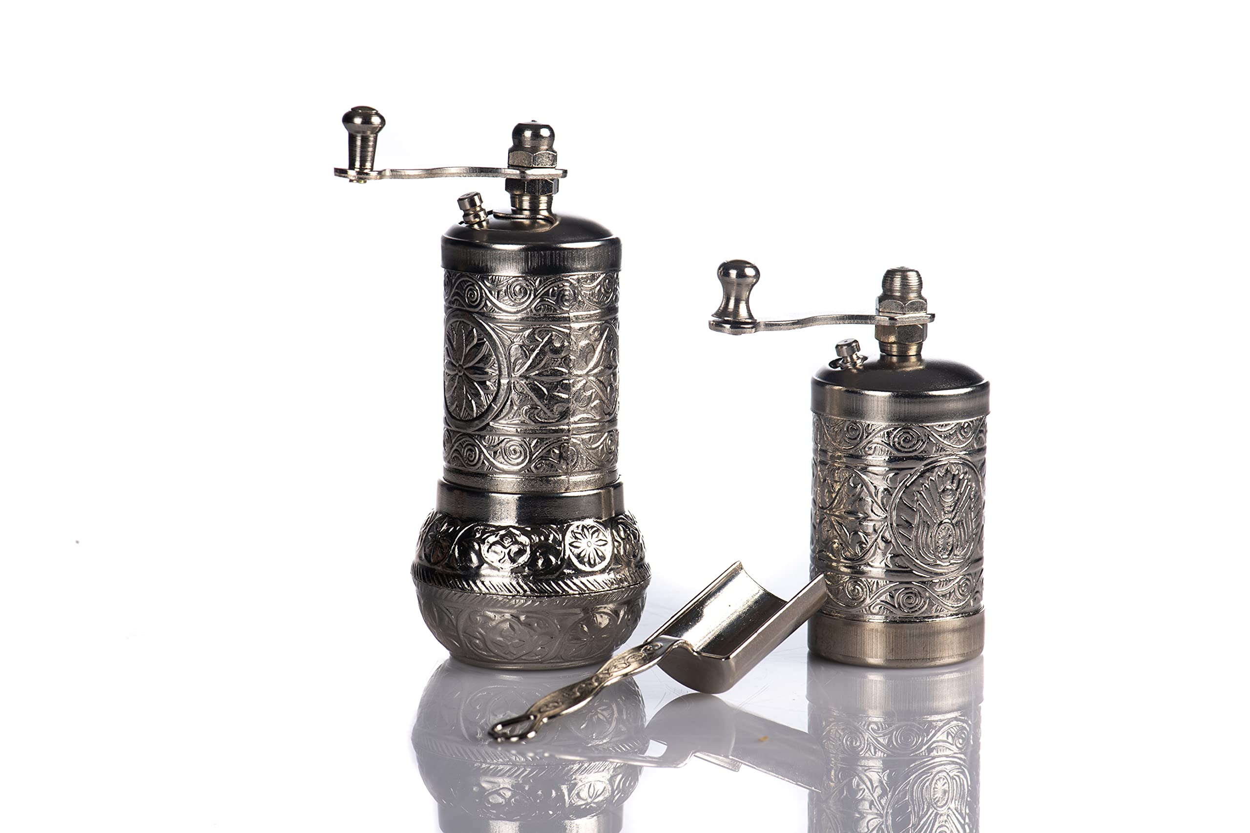 Premium 4-Piece Herb & Spice Grinder Set - Manual Crank Handle Mill for Pepper, Salt & Seasonings - Durable Stainless Steel (Bright Silver) - Perfect for Kitchen, Camping & Travel