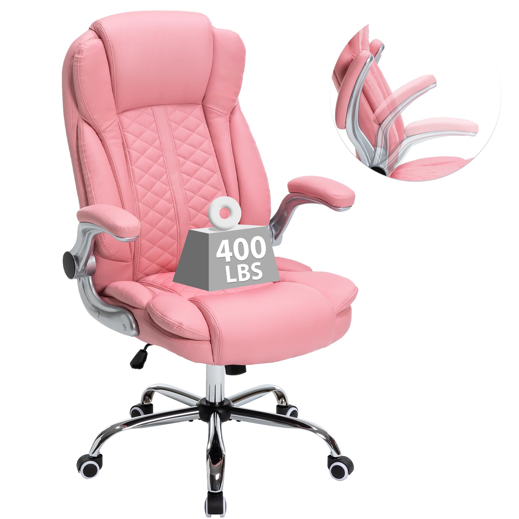 400lbs Heavy Duty Executive Office Chair with Flip-Up Armrests - Big and Tall Ergonomic Computer Chair for Heavy People - Breathable PU Leather Desk Chair in Pink - Perfect for Home Office, Gaming & Workspace Comfort