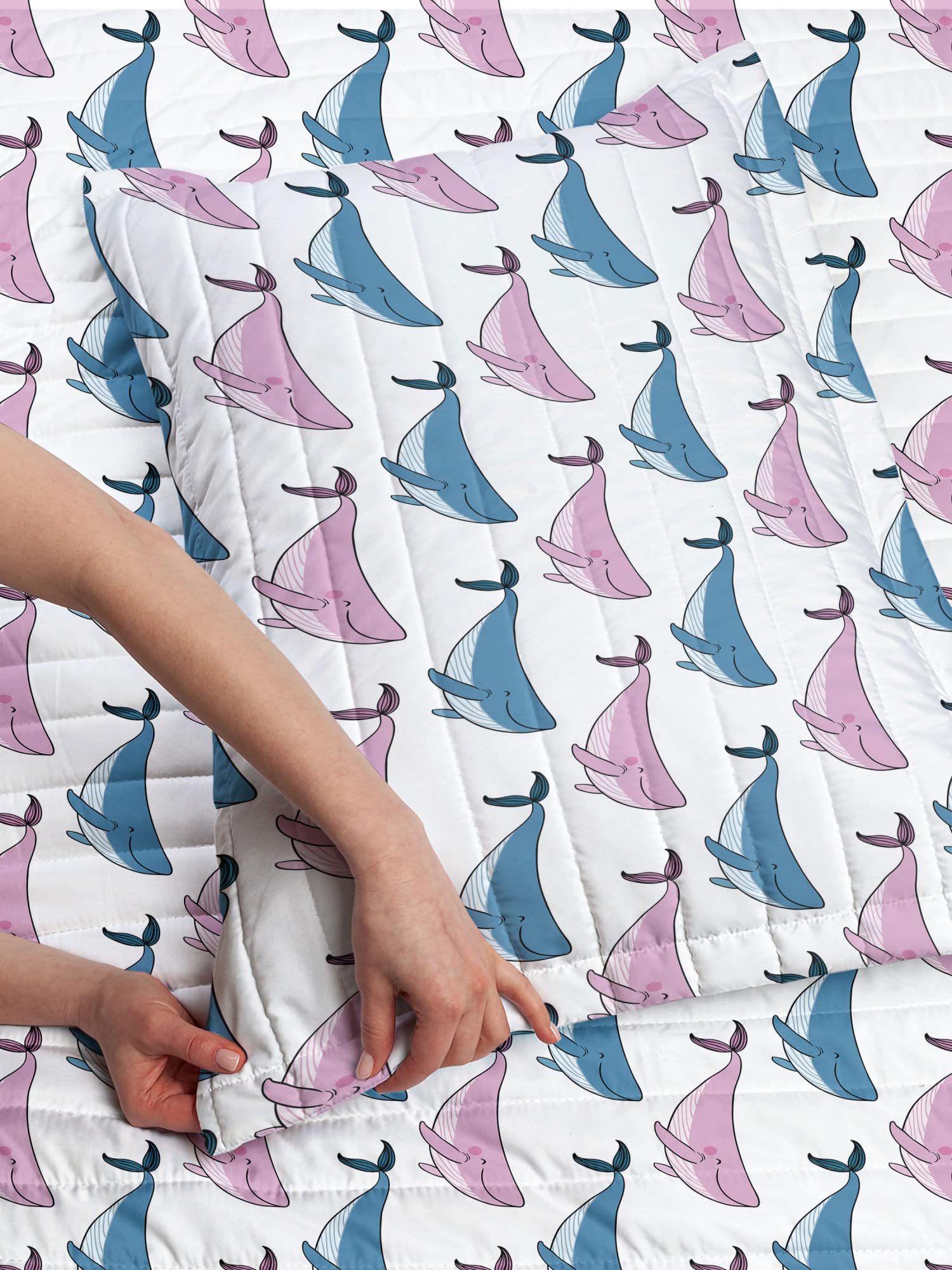 Ambesonne Whale Microfiber Bedspread Set - Twin Size Blue Lilac & White | Sea Animals Doodle Pattern with Smiling Fish | Soft Comforter & Pillow Sham | Perfect for Kids' Rooms, Beach Themed Decor & Cozy Bedrooms