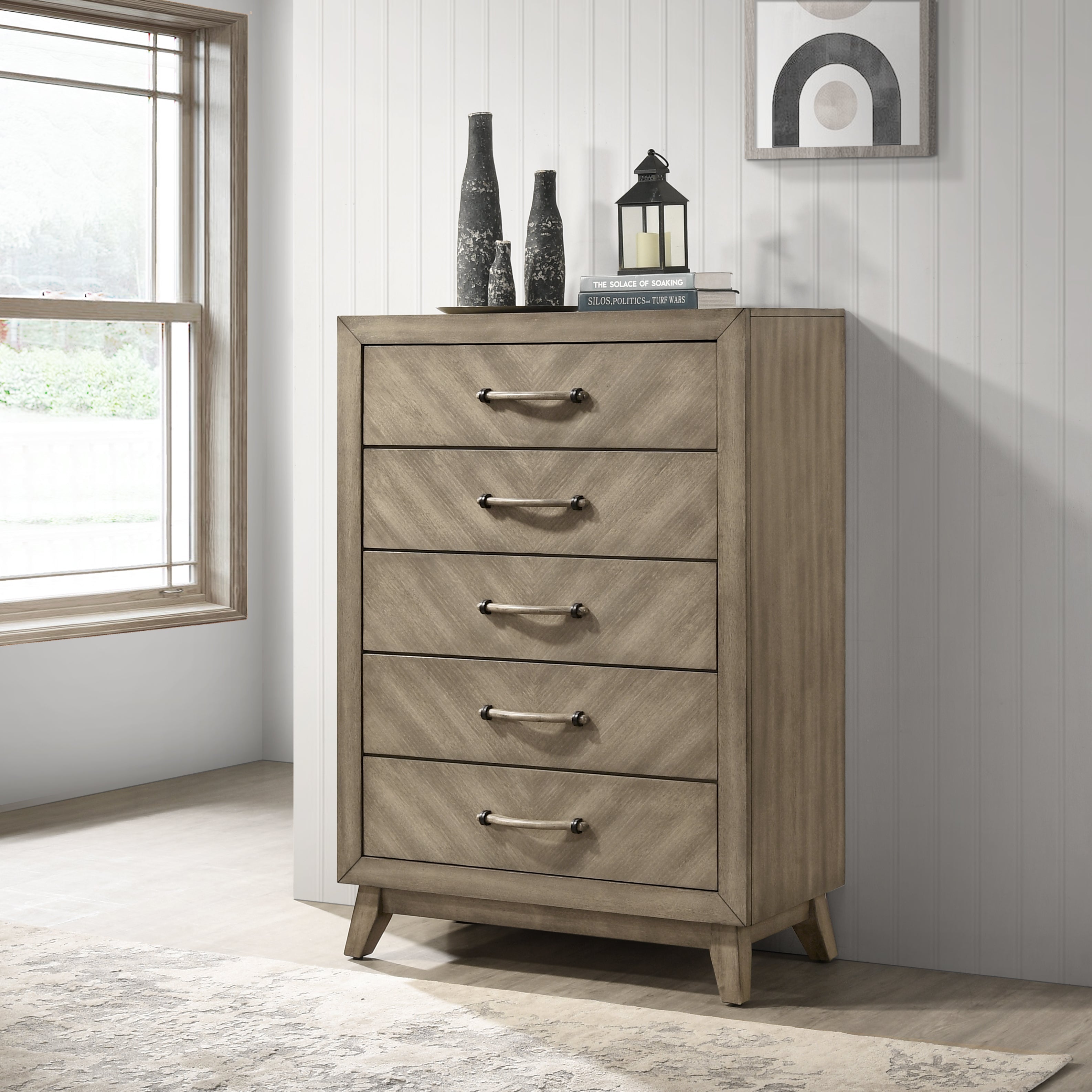Roundhill Furniture Arena Contemporary 5-Drawer Chest in Antique Gray - Modern Bedroom Dresser with Spacious Storage for Clothes & Accessories - Perfect for Master Bedroom, Guest Room or Dorm Organization