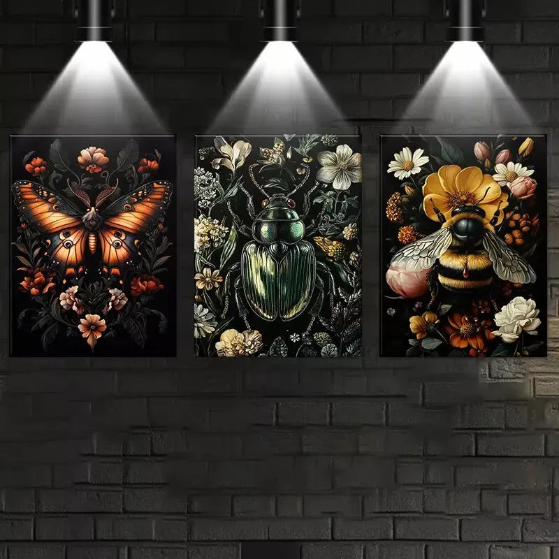 3-Piece Gothic Insects and Plants with Florals Wall Art Set - Framed Canvas 50x70cm (20x28in) | High-Quality Print | 100% Australian Made | Ready to Hang | Perfect for Living Room, Bedroom or Office Decor