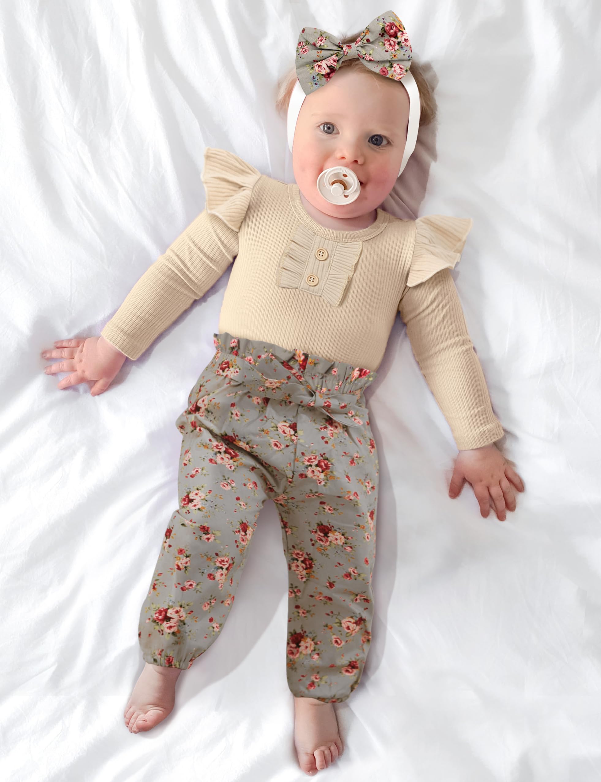 Adorable Newborn Baby Girl Outfit Set - Ribbed Ruffle Sleeve Romper + Floral Pants + Headband (3Pcs) | Soft Cotton Infant Clothes for Photoshoot, Birthday Party & Special Occasions