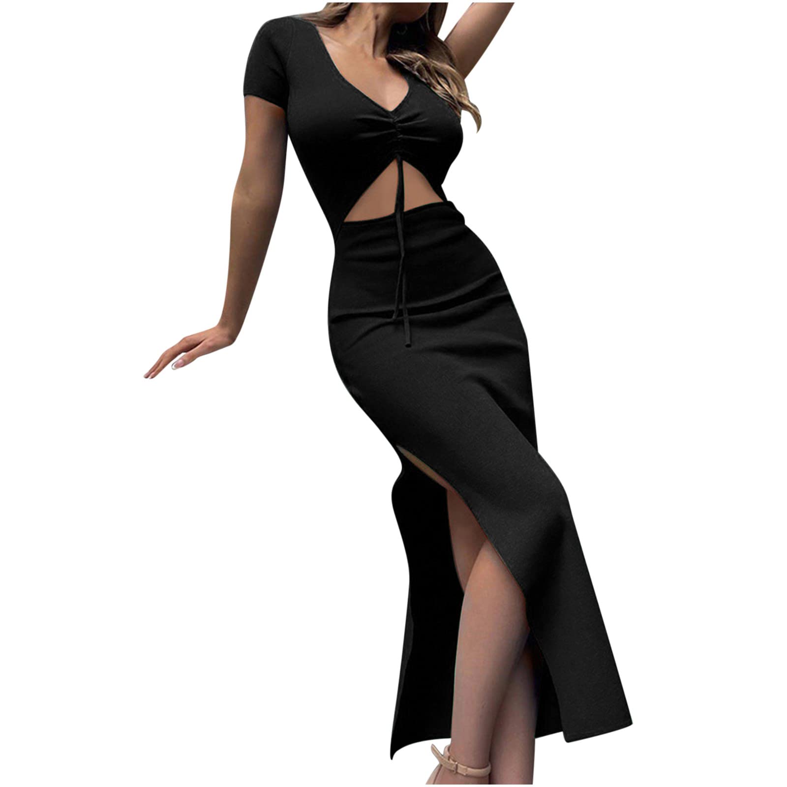 Follure Women's Short Sleeve Cut Out Midi Dress - Solid Drawstring Slim Bandage Bodycon Dress for Club Party, Y2K Streetwear, Casual Outing & Date Night - Black