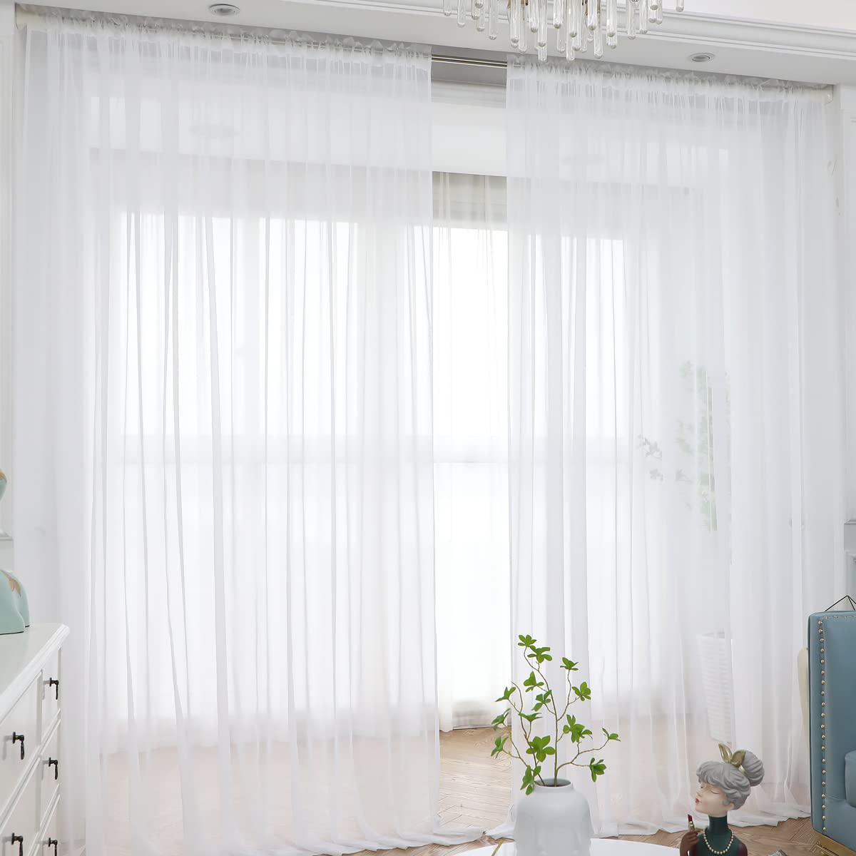 LONGTAI Sheer Curtains 84 Inches Long - 2 Panels White Semi-Transparent Window Drapes with Rod Pocket for Bedroom, Living Room, Nursery, Kitchen - Light Filtering Privacy & UV Protection (White, 52