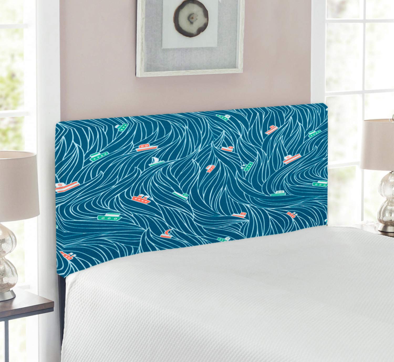 Ambesonne Nautical Headboard - Twin Size Upholstered Metal Bed Frame with Memory Foam | Waves, Ships & Sailboat Travel Pattern in Petrol Blue & Jade Green | Perfect for Coastal Themed Bedrooms, Guest Rooms & Vacation Homes
