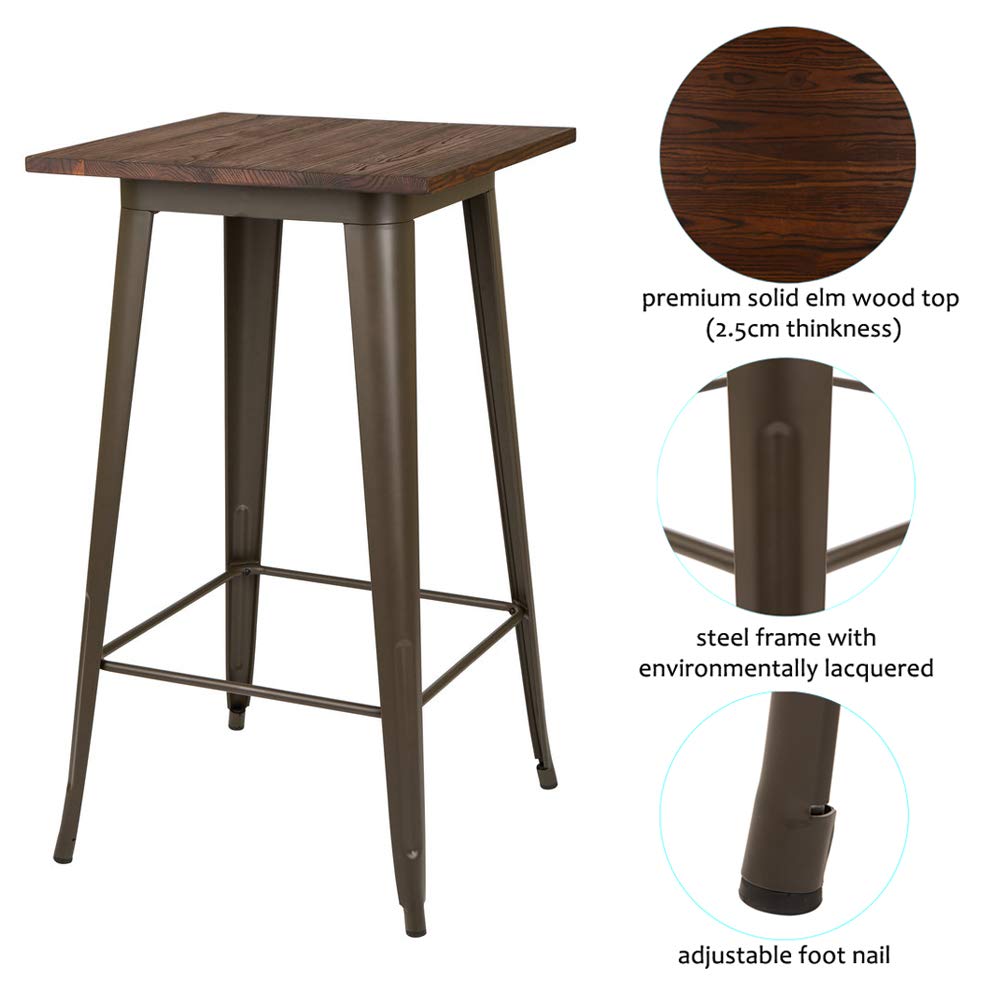 Glitzhome 3-Piece Pub Dining Set - Rustic Steel Square Bar Table with Solid Elm Wood Top & Matching Bar Stools for Breakfast Nook, Living Room, Small Space or Restaurant | Perfect for Kitchen Islands, Outdoor Patios & Bistro-Style Dining