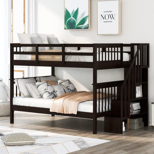 Zaboro Full Over Full Wood Bunk Bed with Storage Stairs & Guardrail - Space Saving 2-in-1 Kids Bunk Bed for Boys & Girls Bedrooms - Easy Assembly, Espresso Finish - Perfect for Small Rooms, Guest Rooms & Vacation Homes