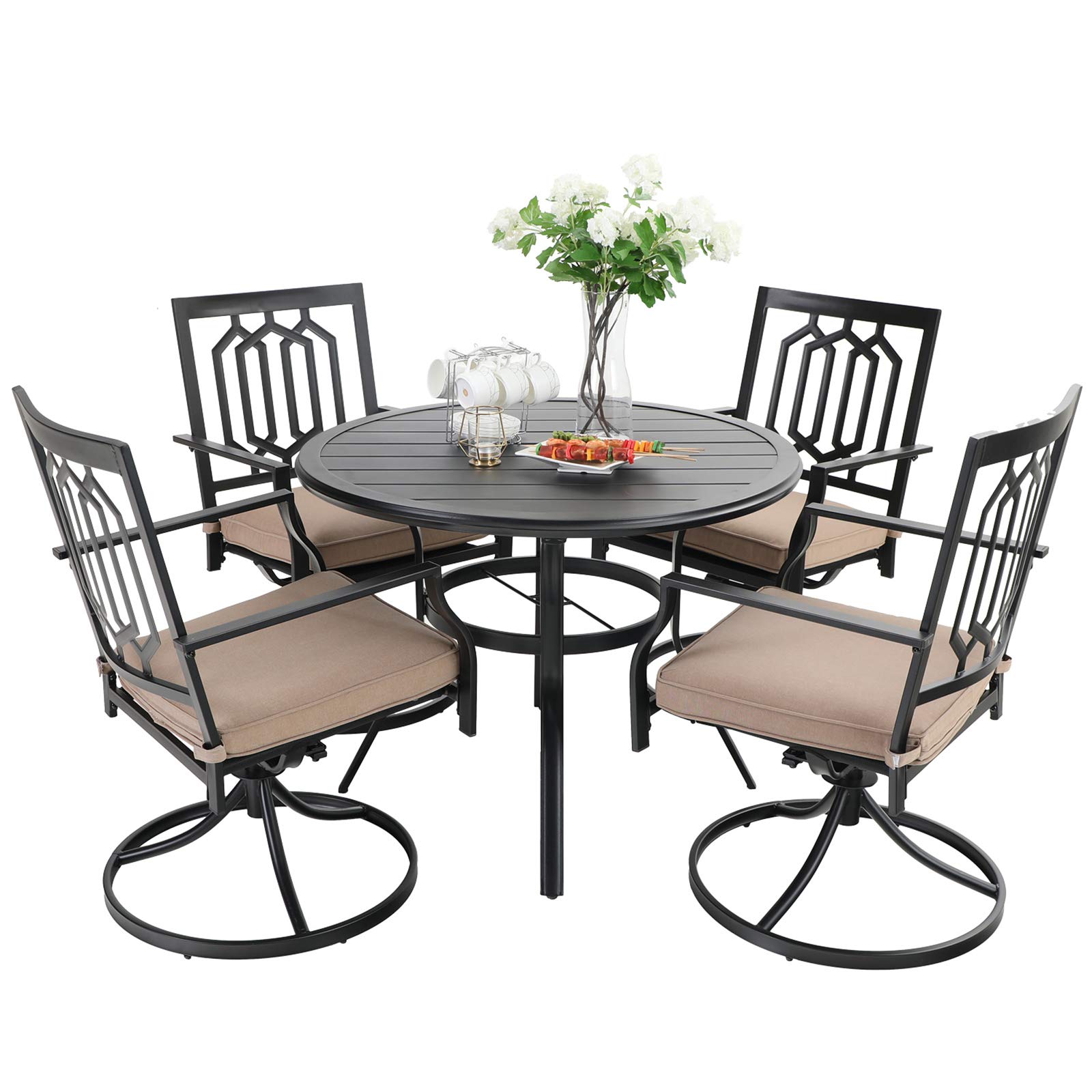 MFSTDIO 5-Piece Outdoor Patio Dining Set - 4 Swivel Armrest Chairs with Cushions & 37.8