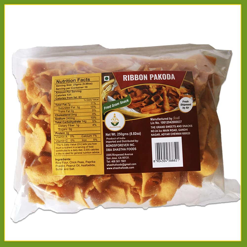 Grand Sweets and Snacks Ribbon Pakoda - Crunchy Indian Snack (Pack of 5, 250g Each) | Perfect for Tea Time, Parties & Festive Celebrations