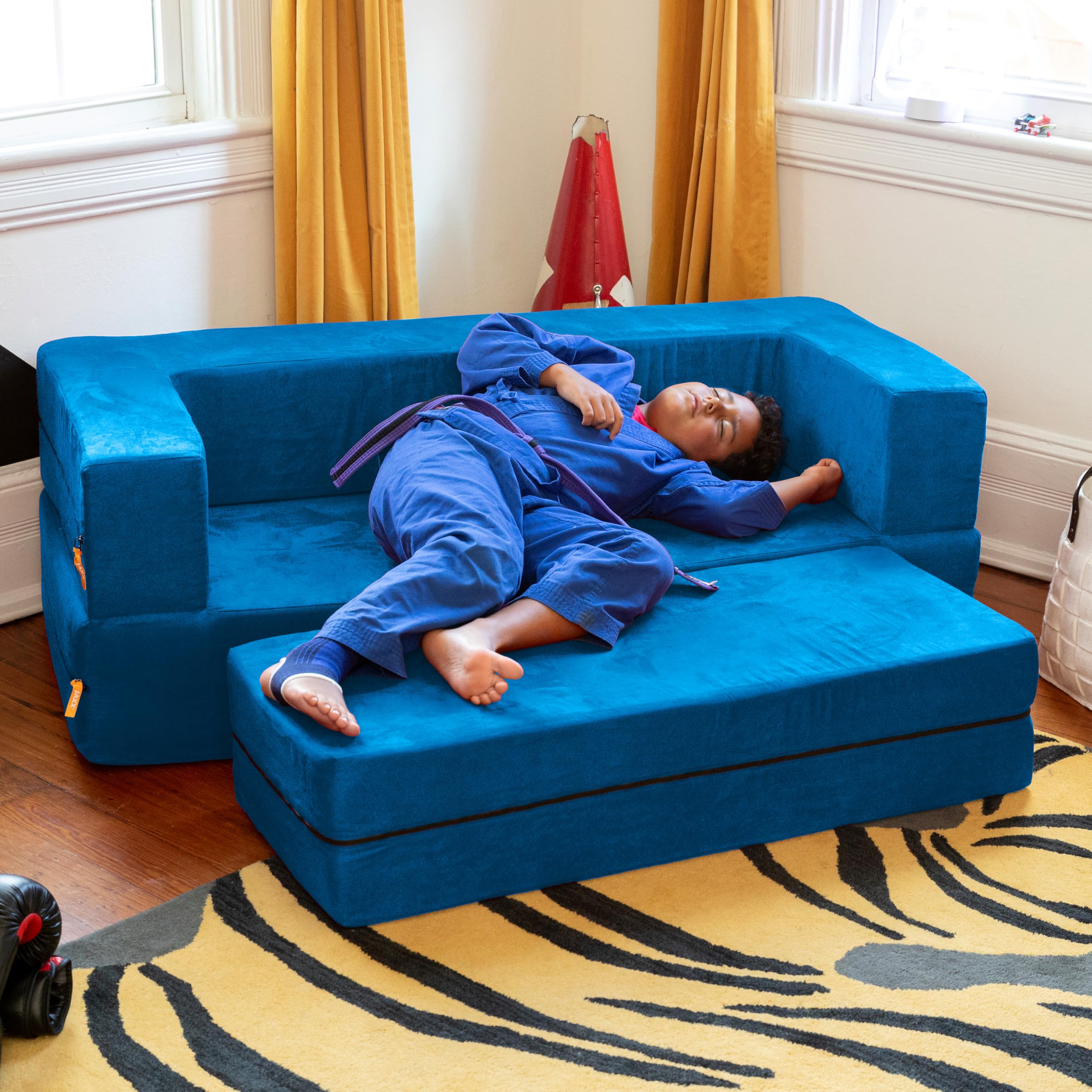 Jaxx Zipline Kids Sofa & Large Ottoman 3-in-1 Fold Out Convertible Sofa Bed - Big Kids Edition in Blueberry - Perfect for Playroom, Bedroom or Lounge Area