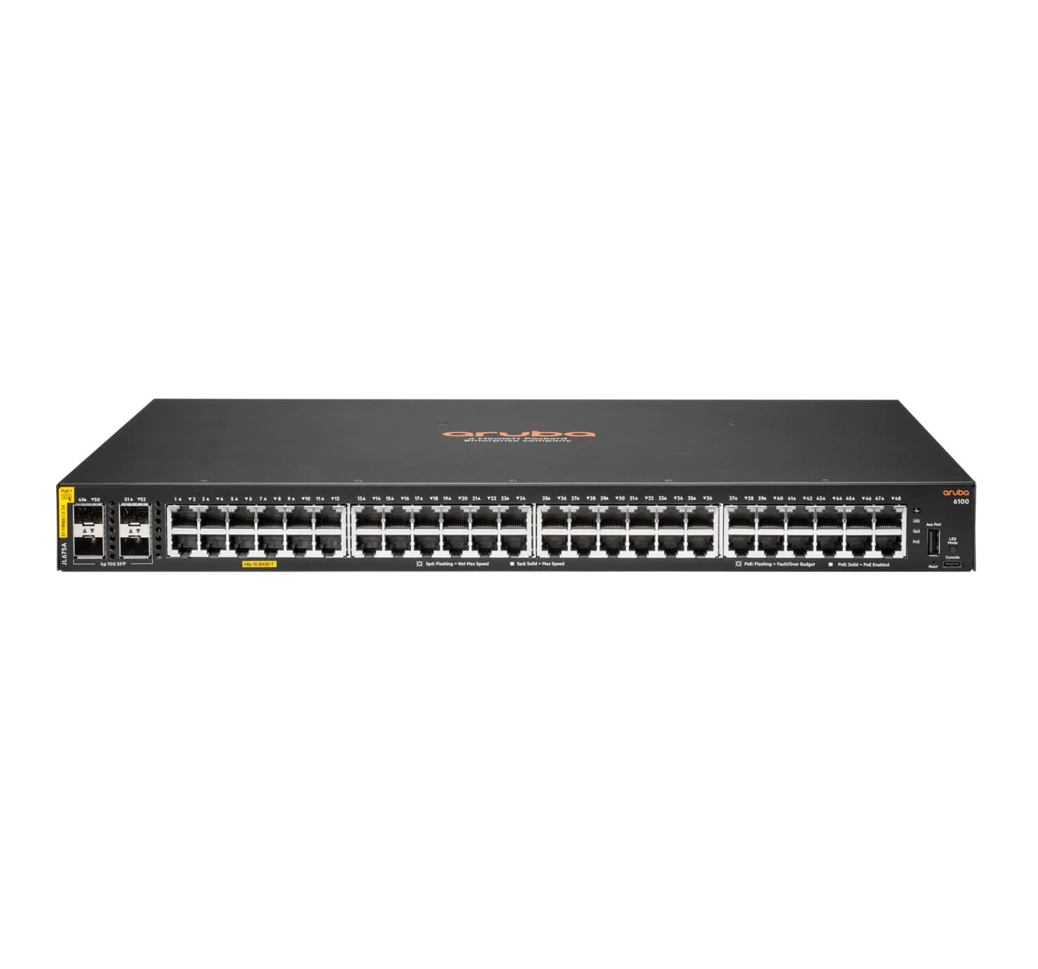 Aruba 6100 48G Class4 PoE 4SFP+ 370W Managed L3 Gigabit Ethernet Switch (10/100/1000) with Power over Ethernet (PoE) - 1U Rack Mount Network Switch for Business & Data Centers - JL675A Black